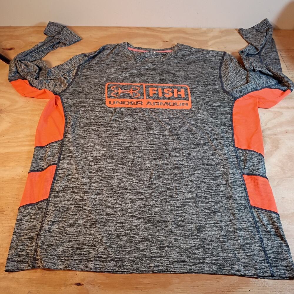 Under Armour Fish HeatGear Long Sleeve Shirt Mens XL Grey Orange Athletic